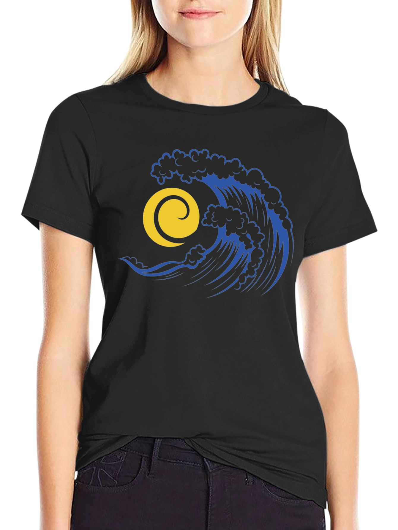 Ocean Wave Graphic Tee - Stylish Black Cotton T-Shirt