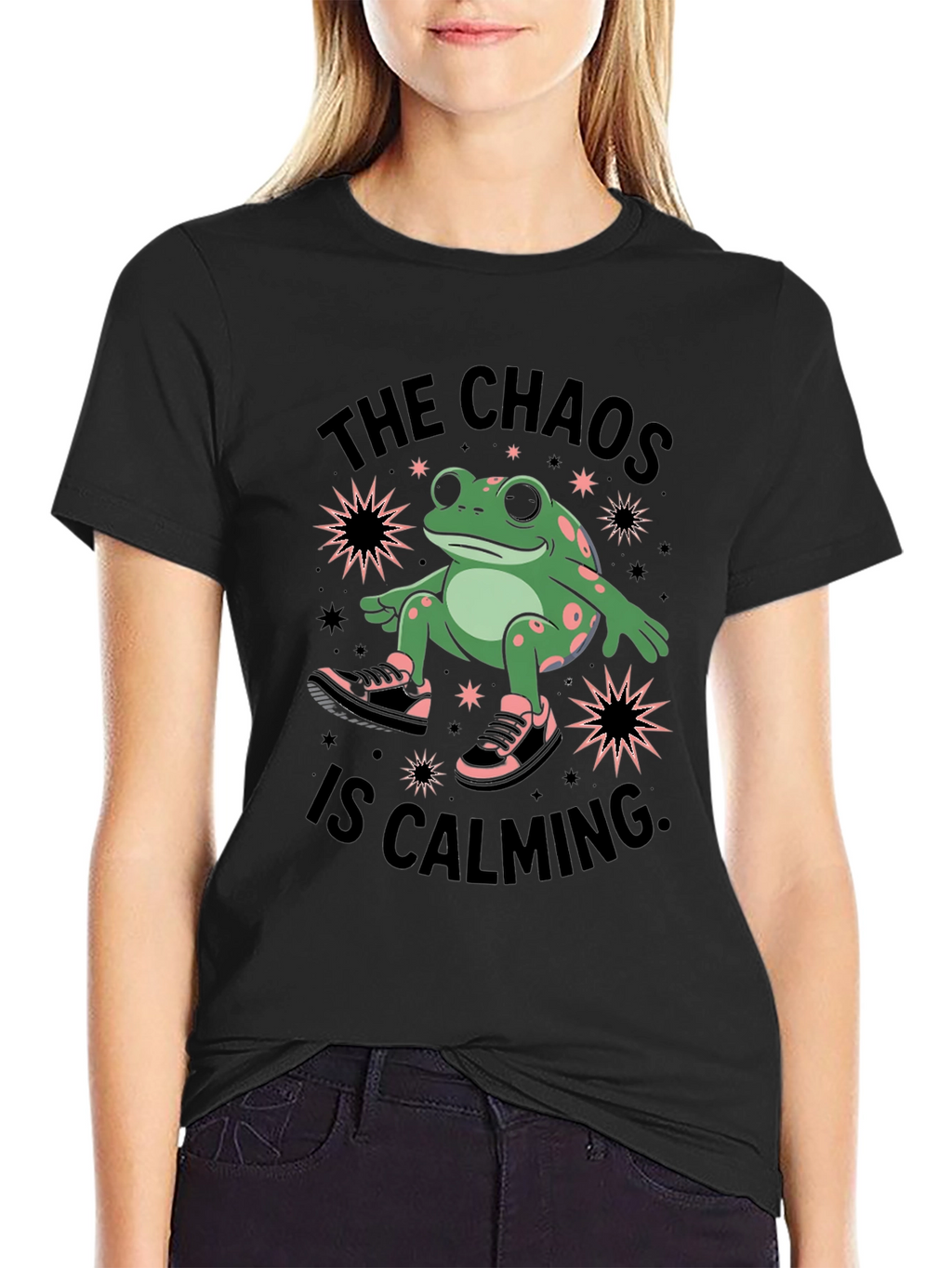 Chaos Calming Frog Graphic Tee - Black