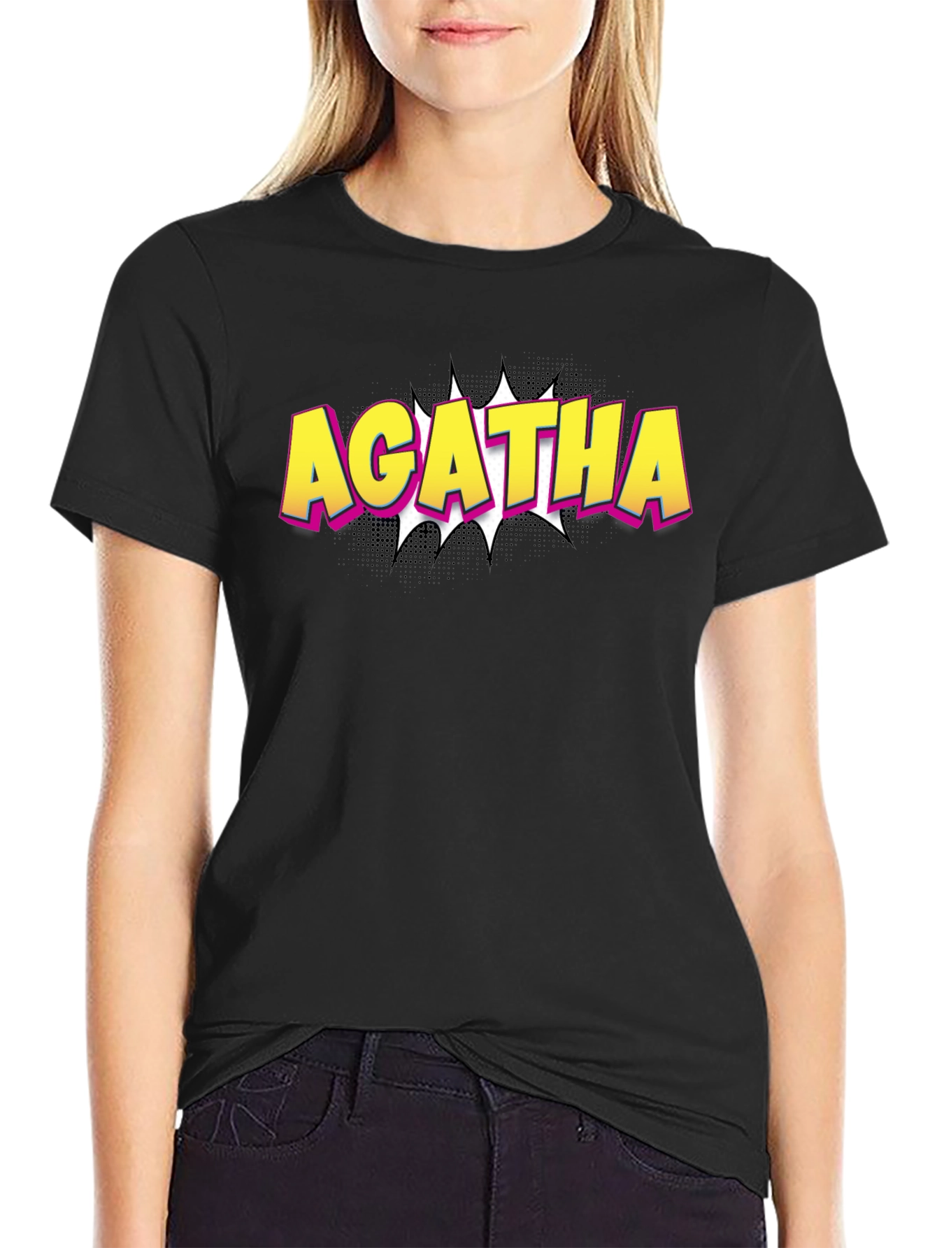 Agatha Comic Style Graphic Tee - Black Cotton T-Shirt