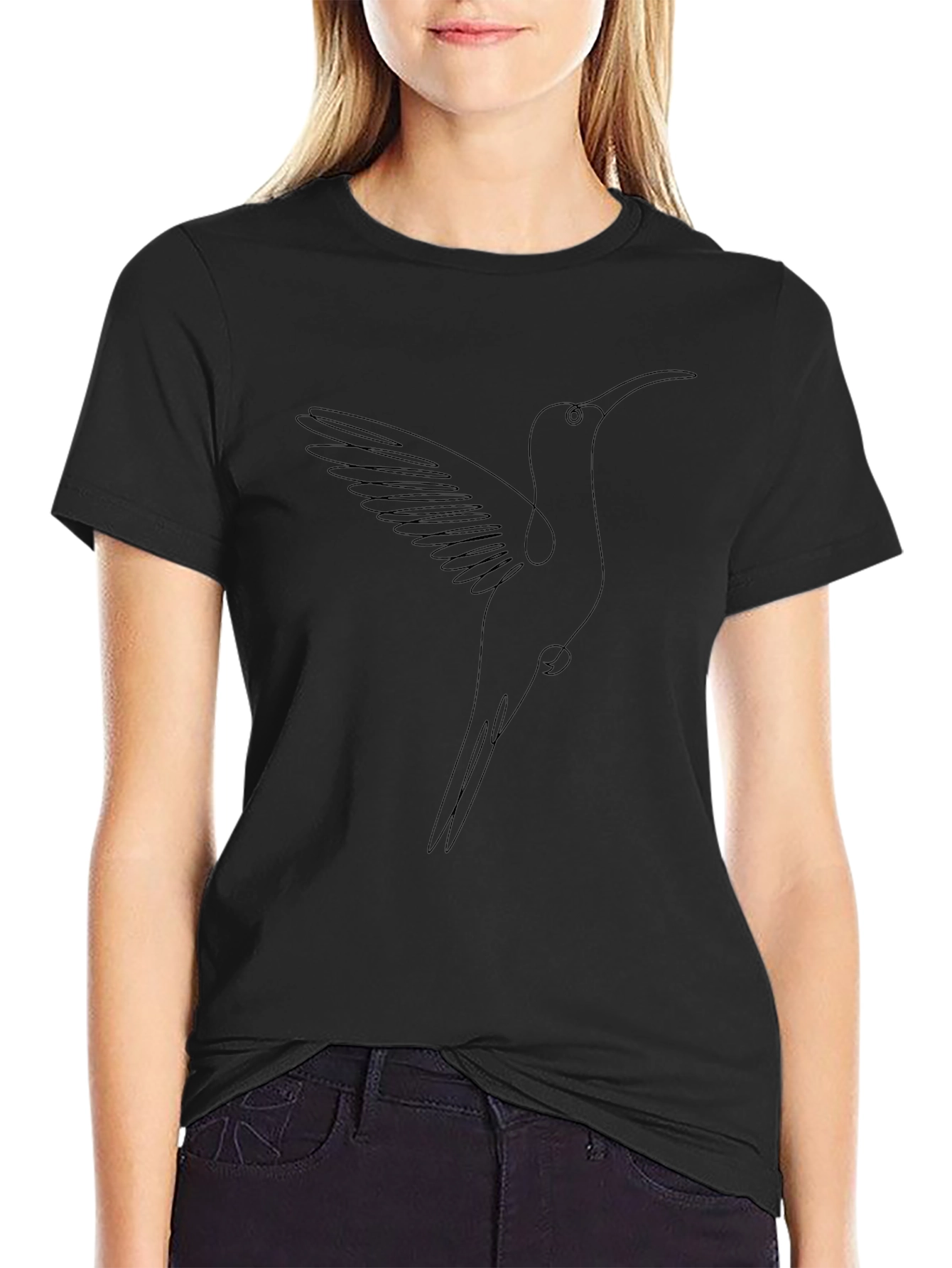 Hummingbird Line Art Graphic Tee - Black