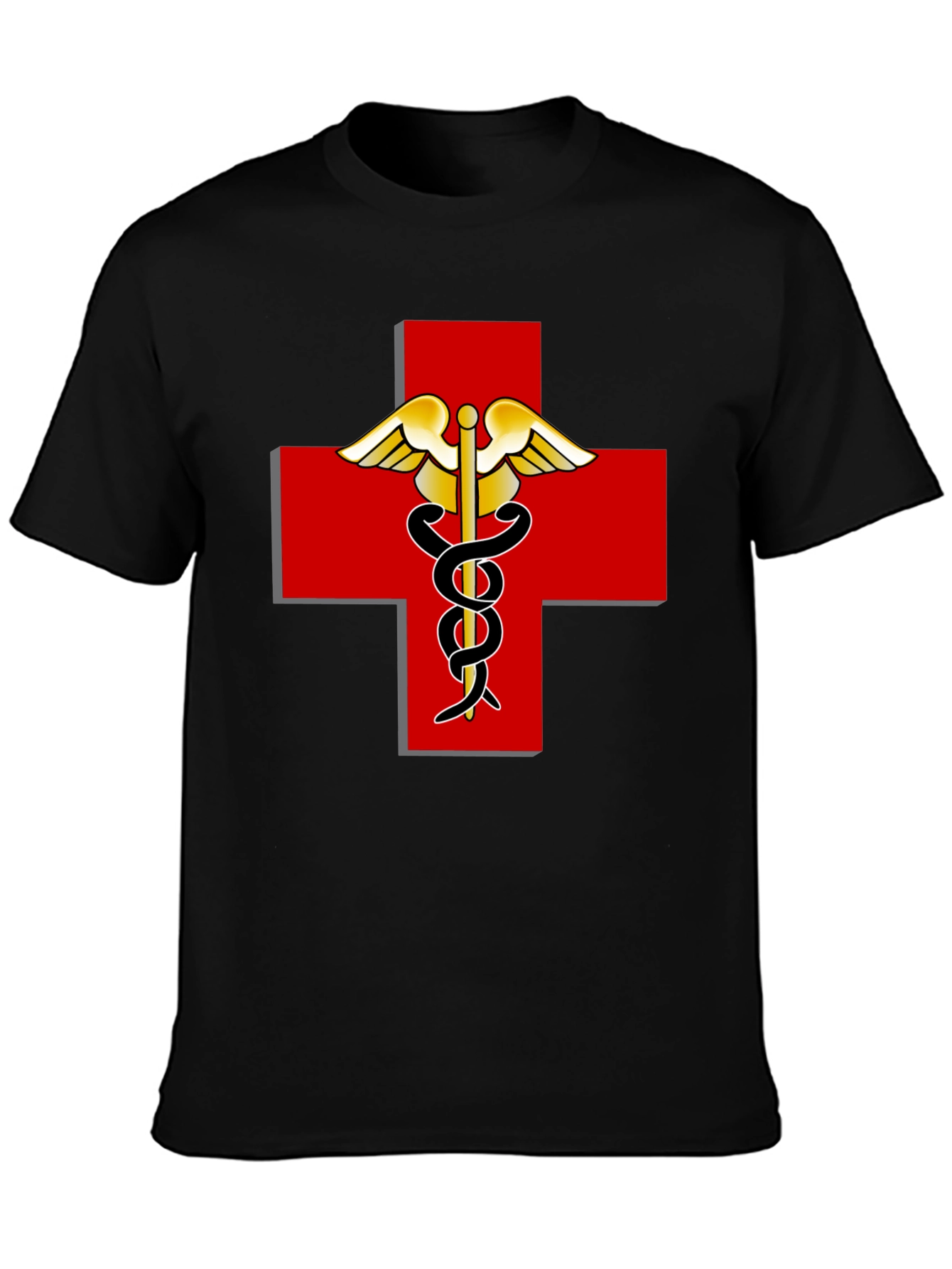Medical Caduceus Red Cross Black T-Shirt