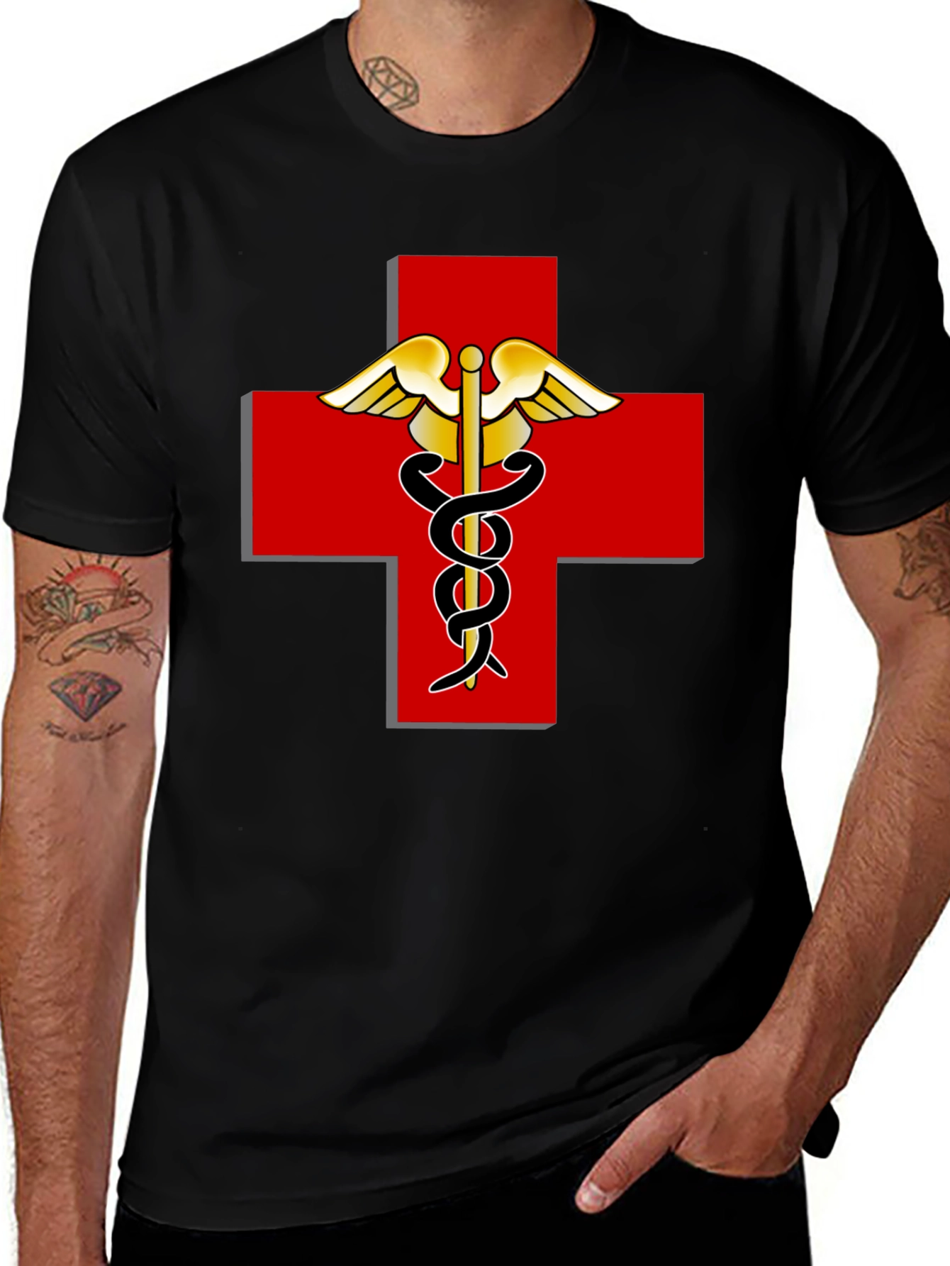 Medical Caduceus Red Cross Black T-Shirt