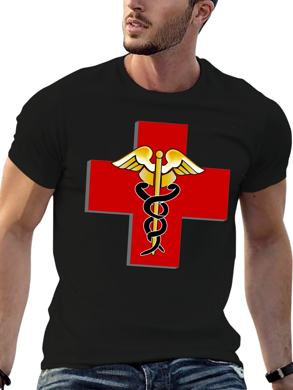Medical Caduceus Red Cross Black T-Shirt