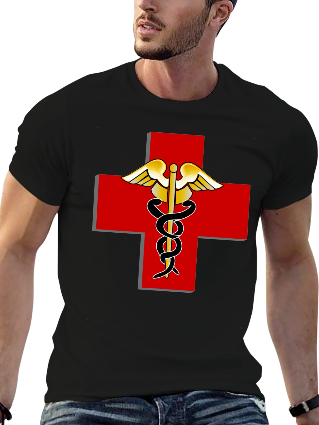 Medical Caduceus Red Cross Black T-Shirt