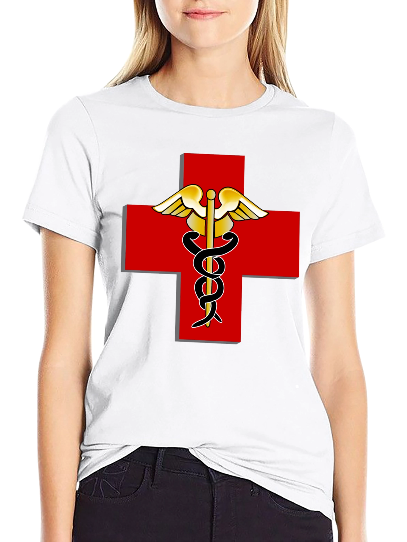 Medical Caduceus Red Cross Black T-Shirt