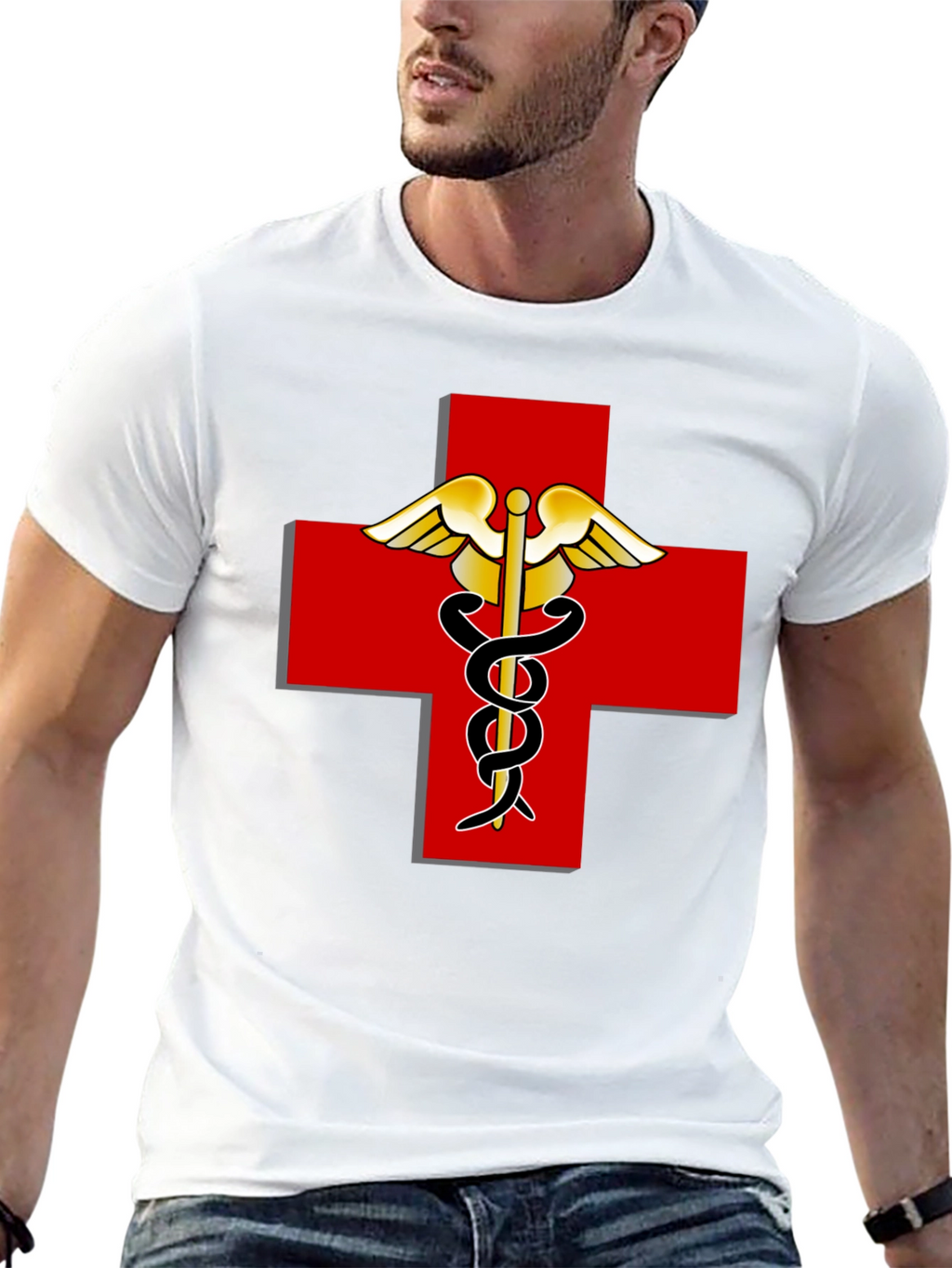 Medical Caduceus Red Cross Black T-Shirt