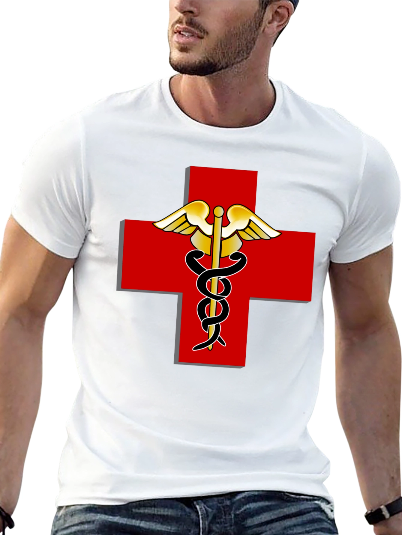 Medical Caduceus Red Cross Black T-Shirt
