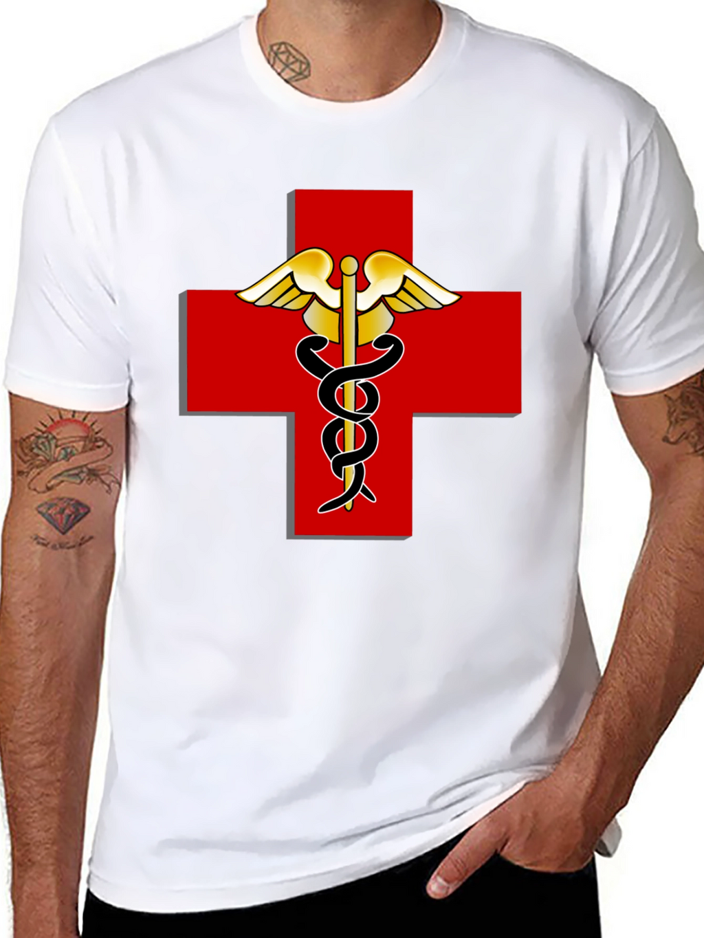 Medical Caduceus Red Cross Black T-Shirt
