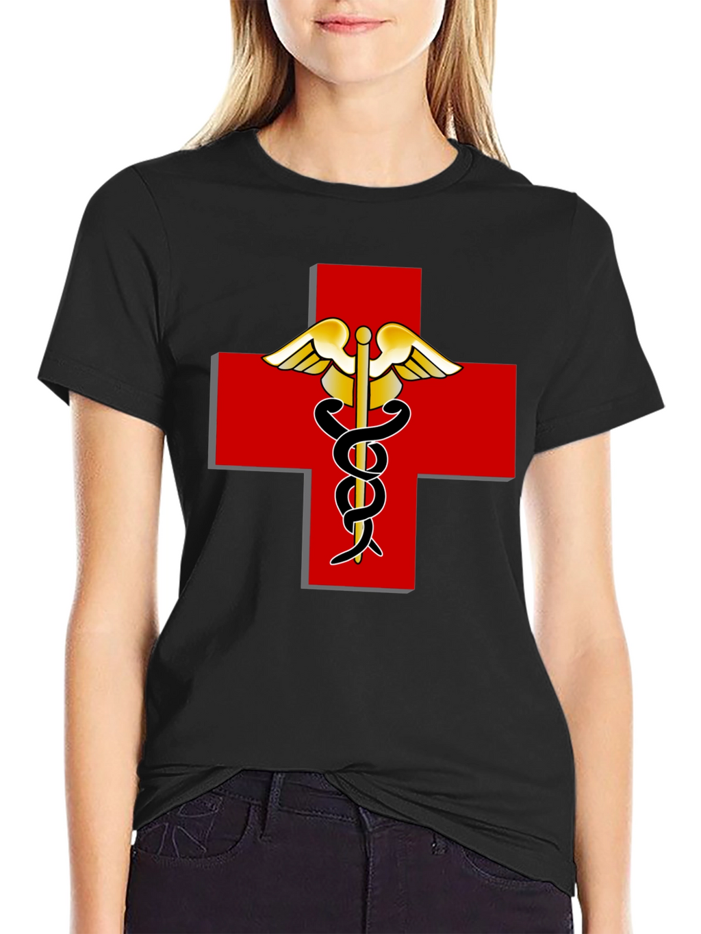 Medical Caduceus Red Cross Black T-Shirt
