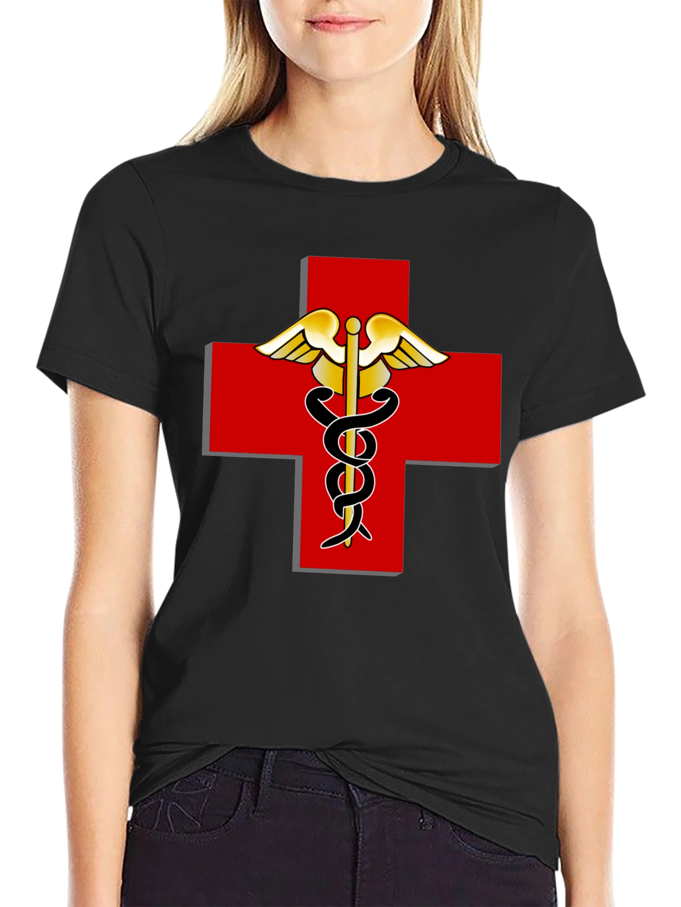 Medical Caduceus Red Cross Black T-Shirt