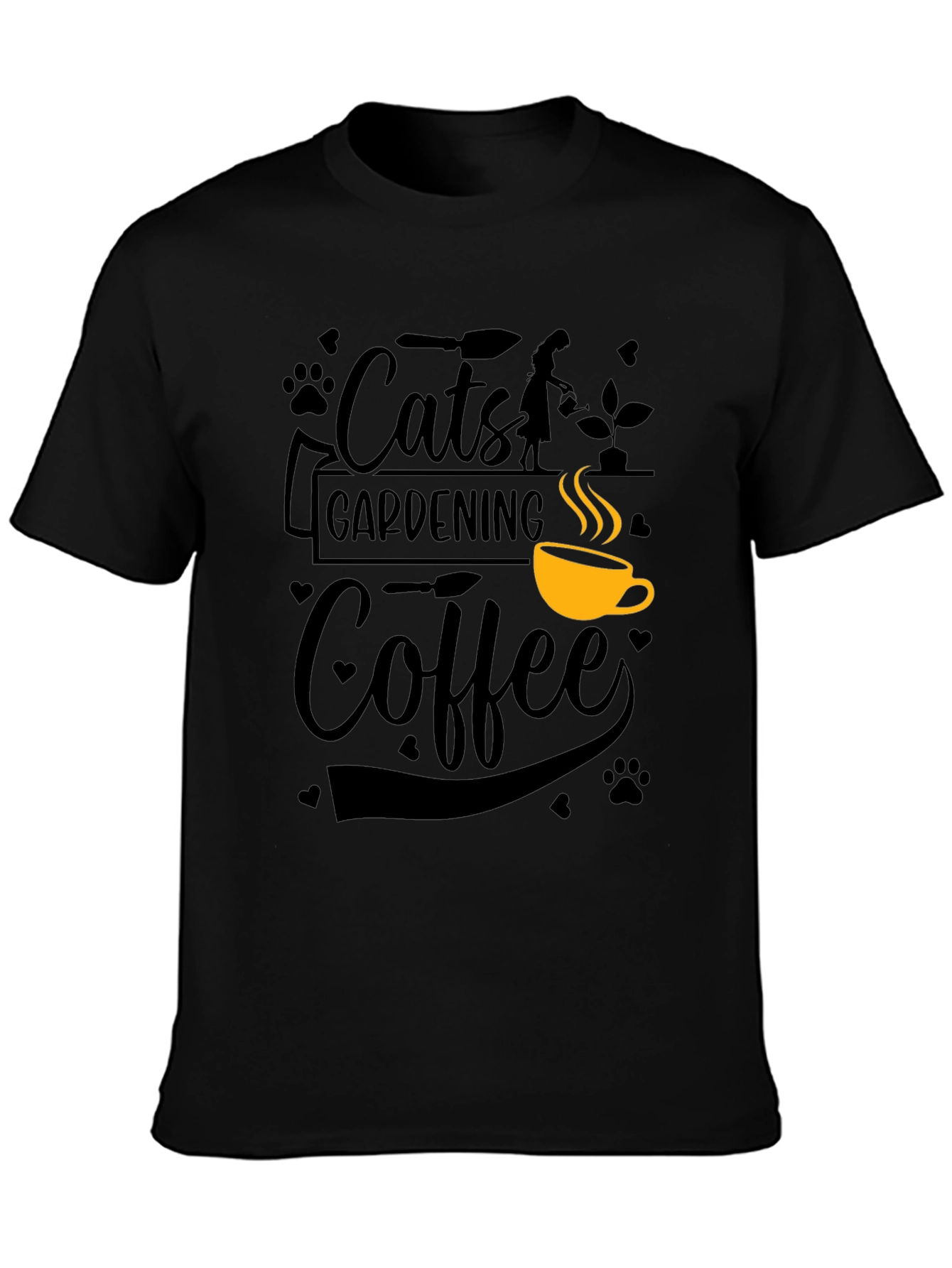 Cats Gardening Coffee Black Graphic T-Shirt