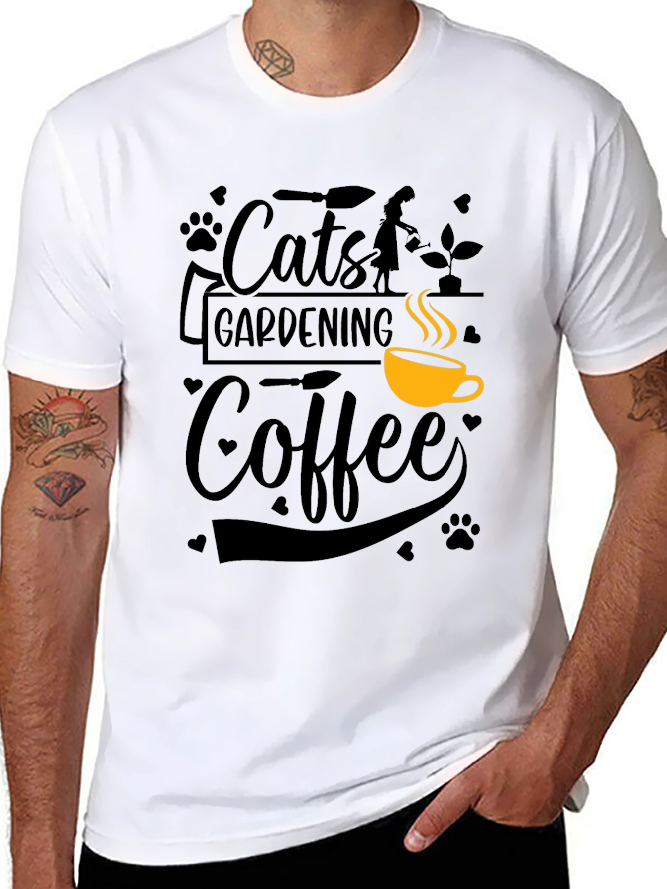 Cats Gardening Coffee Black Graphic T-Shirt