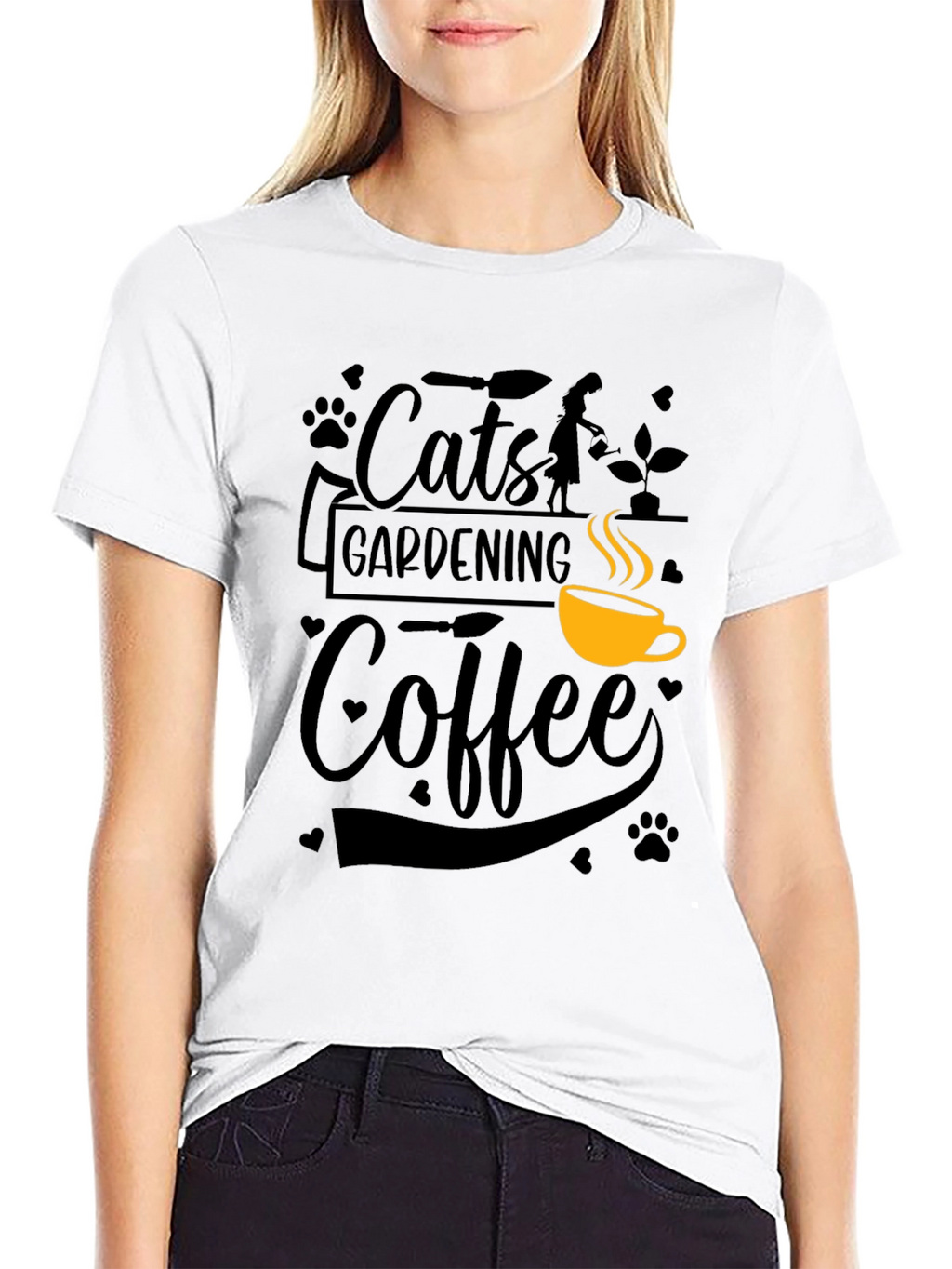 Cats Gardening Coffee Black Graphic T-Shirt
