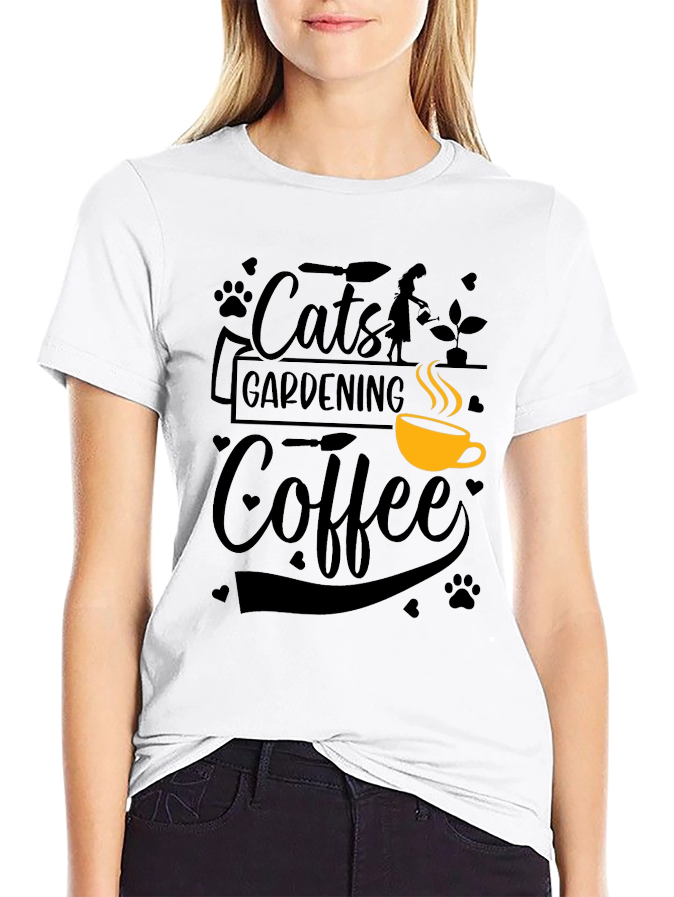 Cats Gardening Coffee Black Graphic T-Shirt