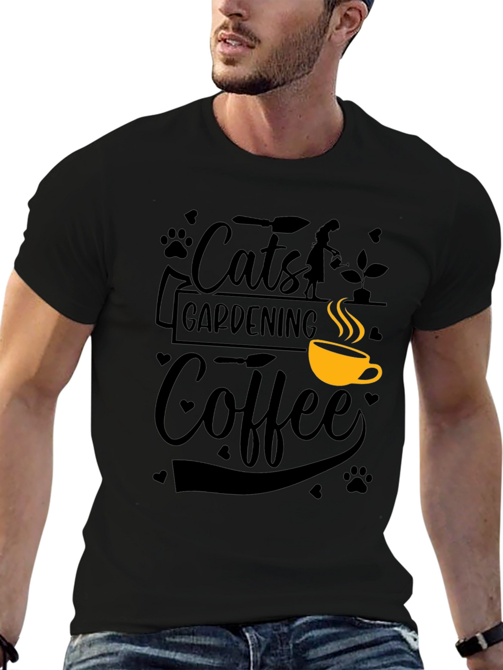 Cats Gardening Coffee Black Graphic T-Shirt