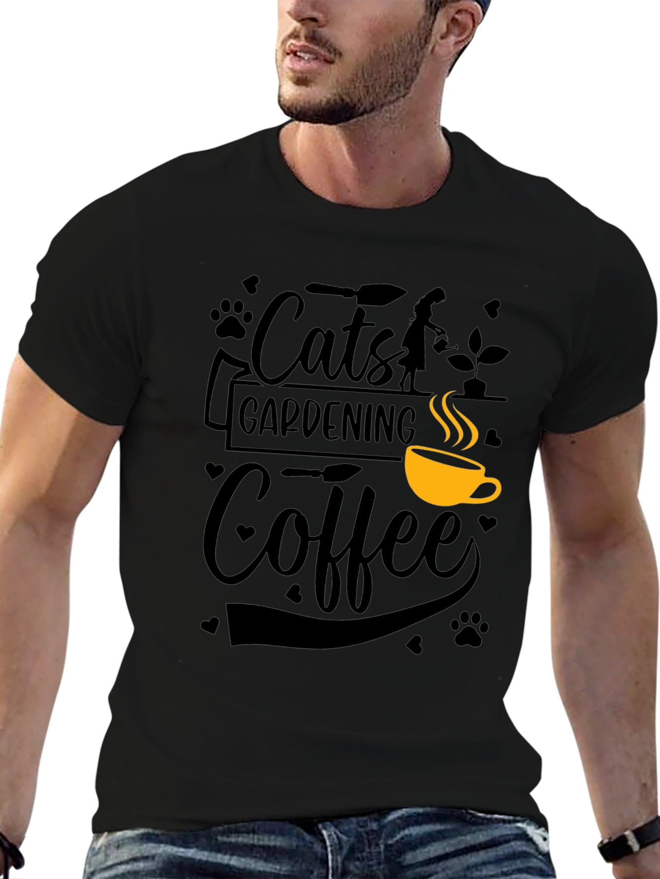 Cats Gardening Coffee Black Graphic T-Shirt
