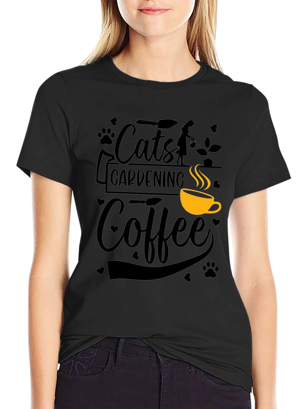 Cats Gardening Coffee Black Graphic T-Shirt