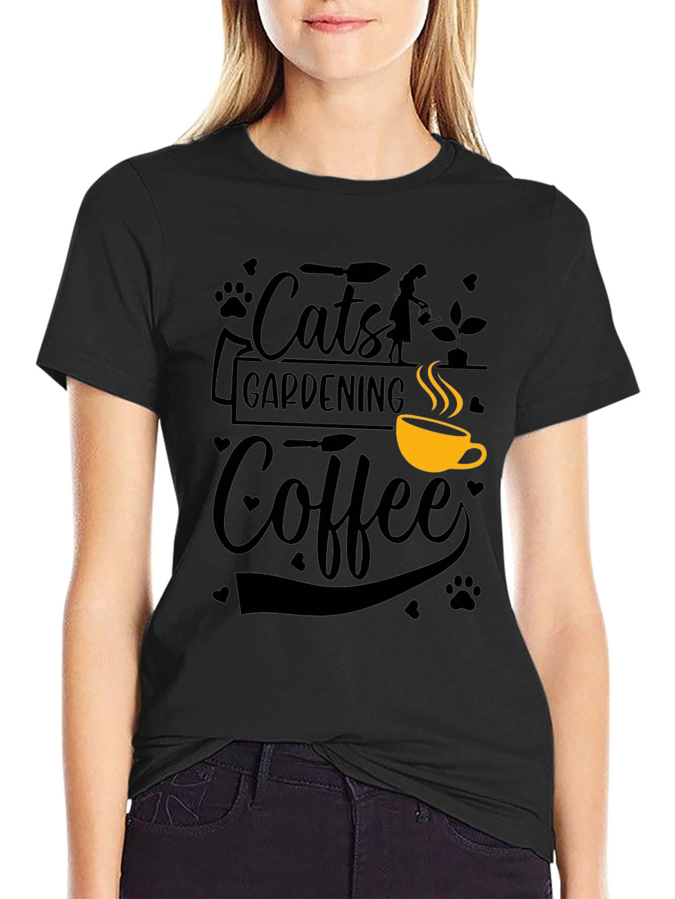 Cats Gardening Coffee Black Graphic T-Shirt