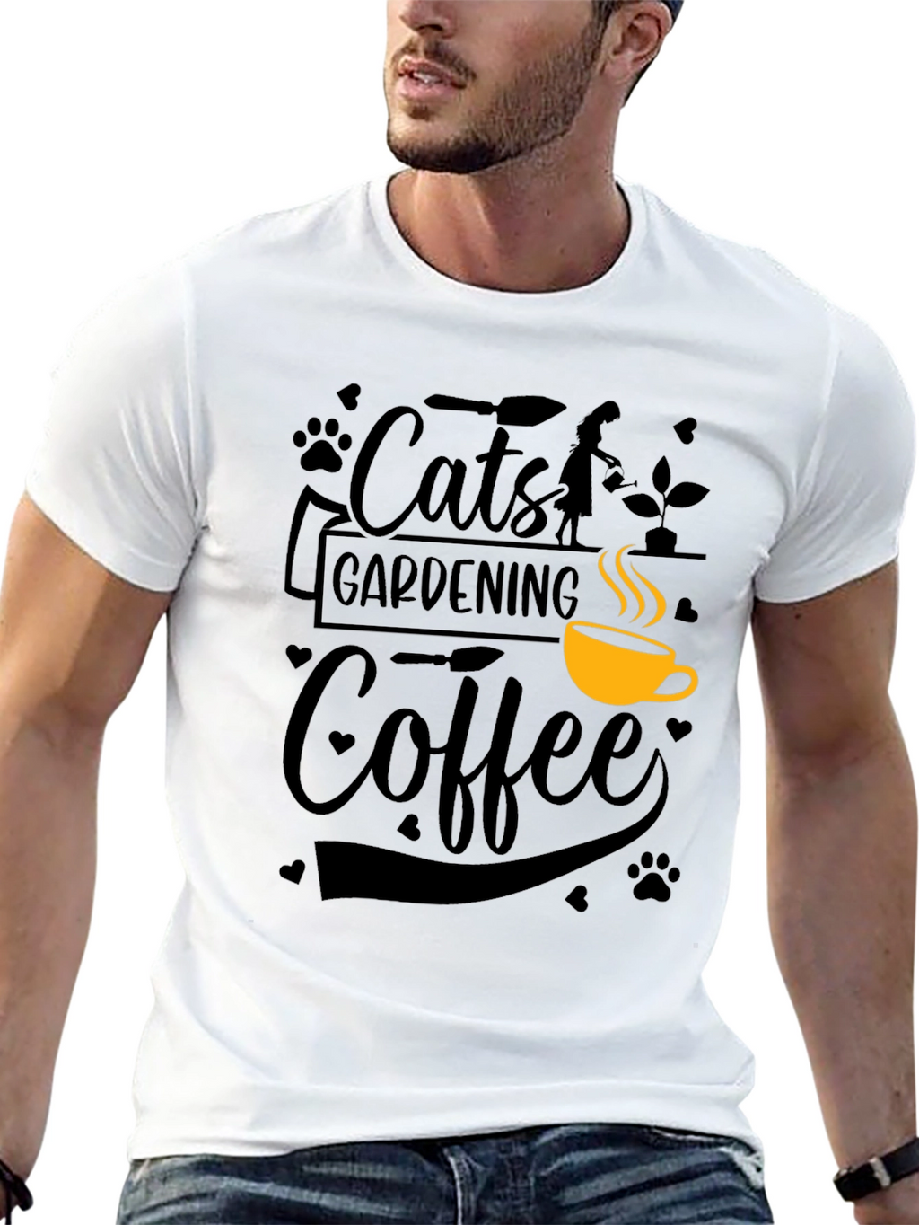 Cats Gardening Coffee Black Graphic T-Shirt