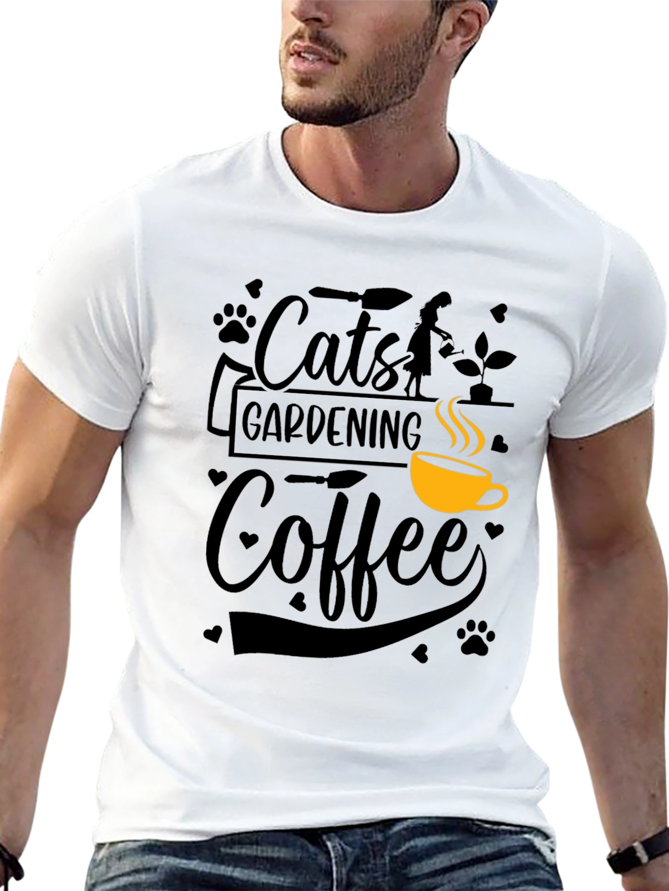 Cats Gardening Coffee Black Graphic T-Shirt