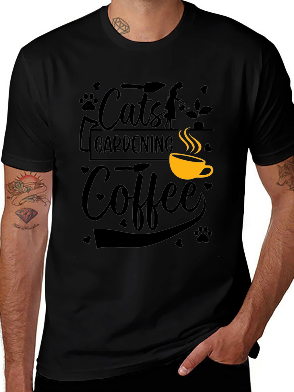 Cats Gardening Coffee Black Graphic T-Shirt
