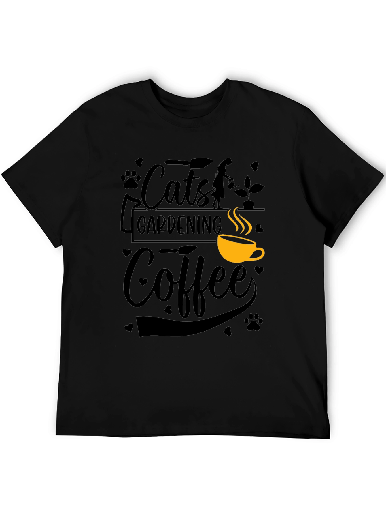 Cats Gardening Coffee Black Graphic T-Shirt