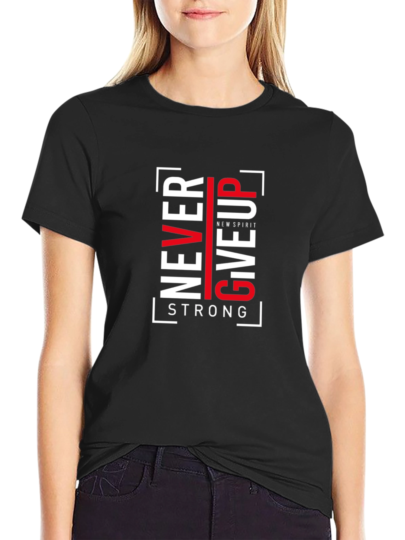 Never Give Up Graphic Print Black T-Shirt