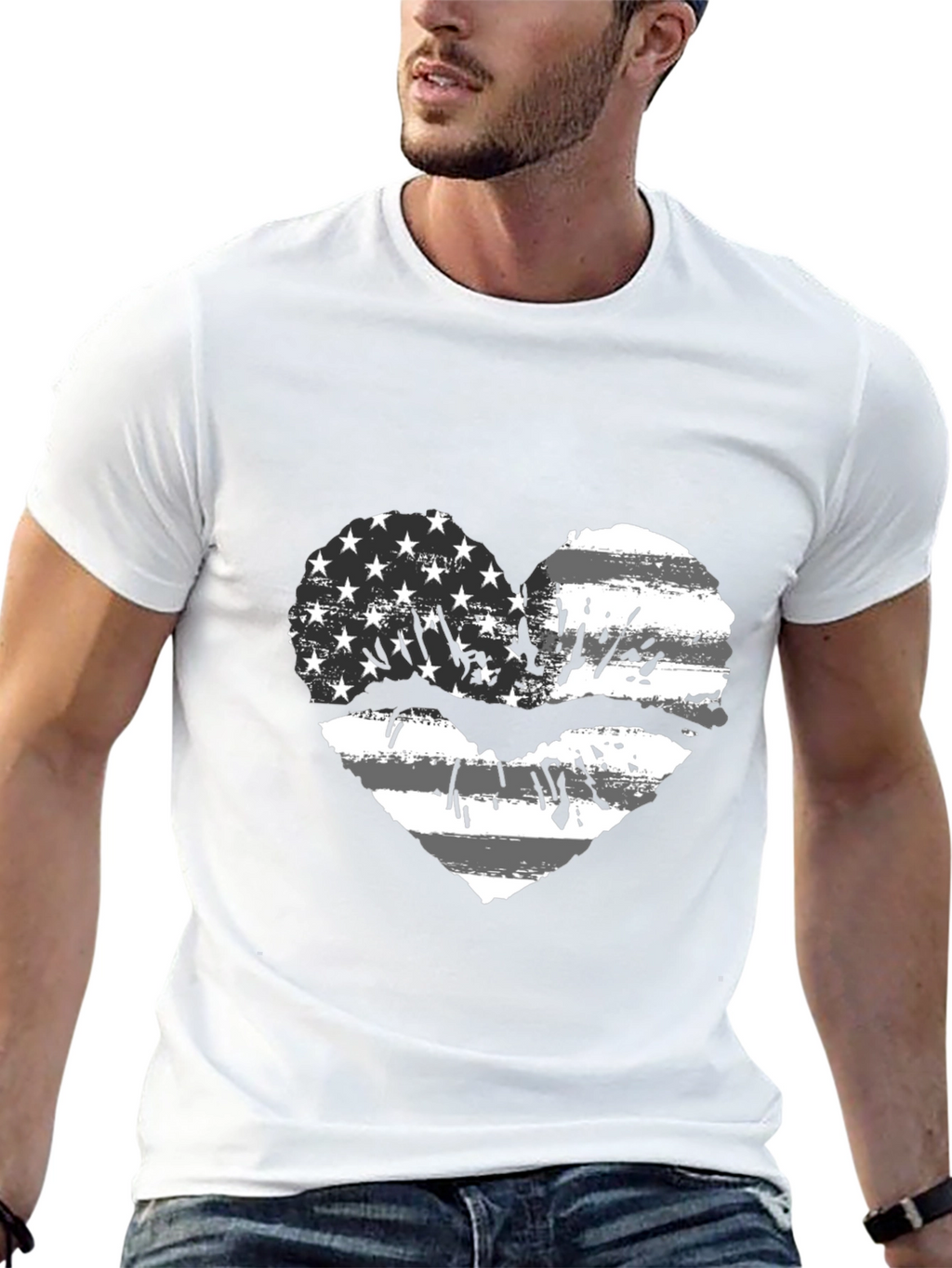 American Flag Heart Lips Black T-Shirt