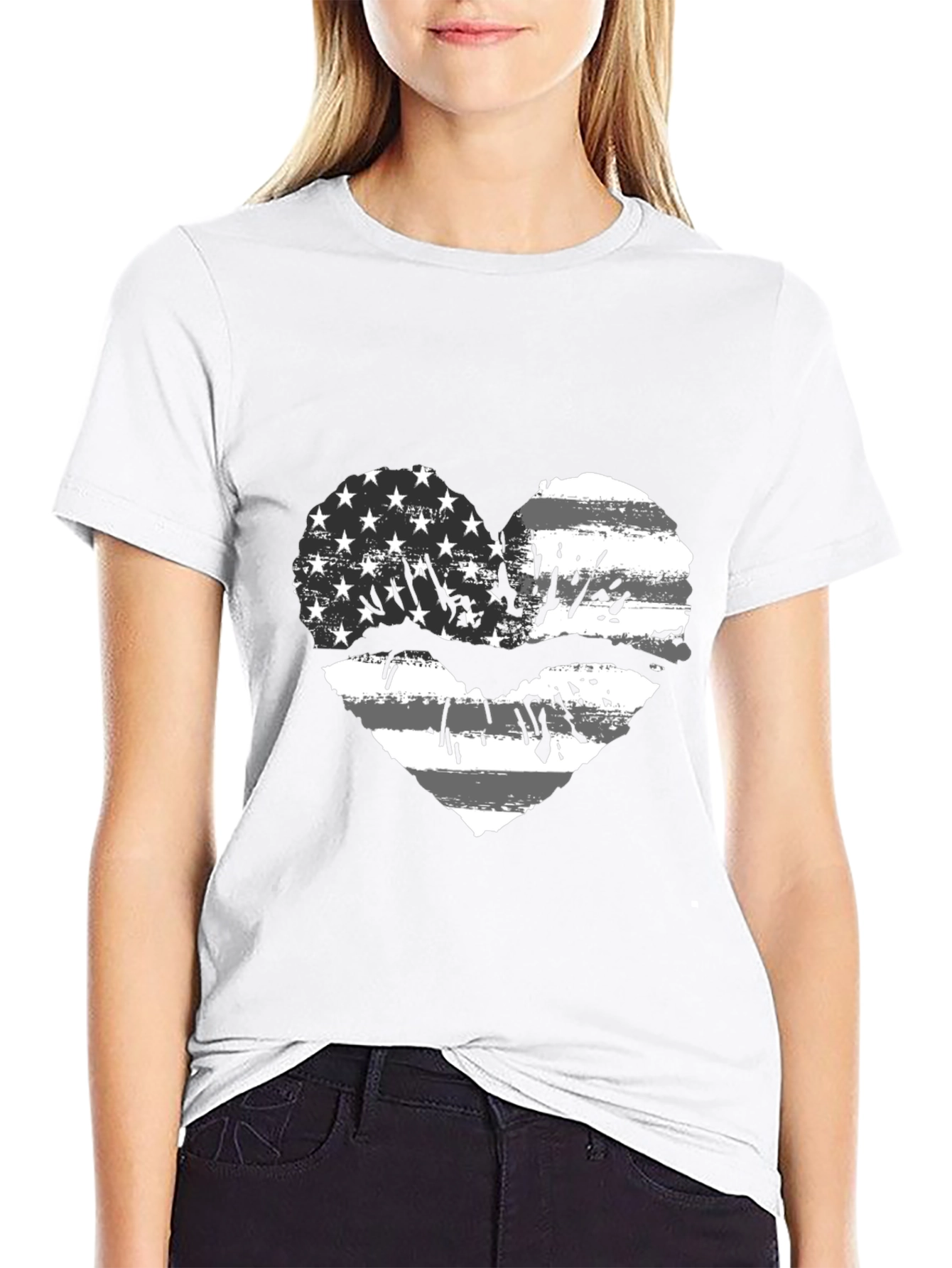 American Flag Heart Lips Black T-Shirt