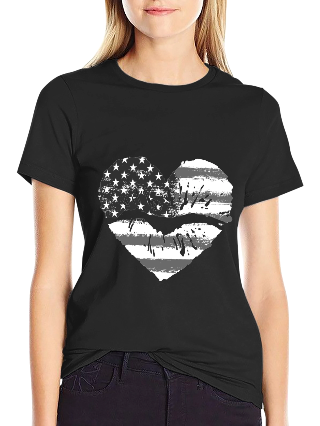 American Flag Heart Lips Black T-Shirt