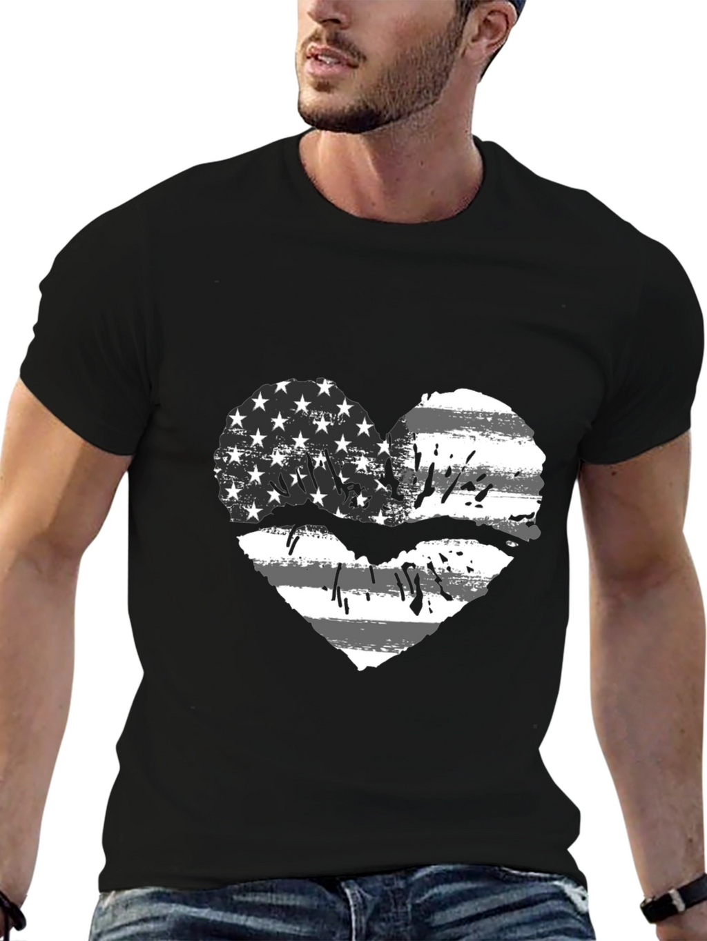 American Flag Heart Lips Black T-Shirt