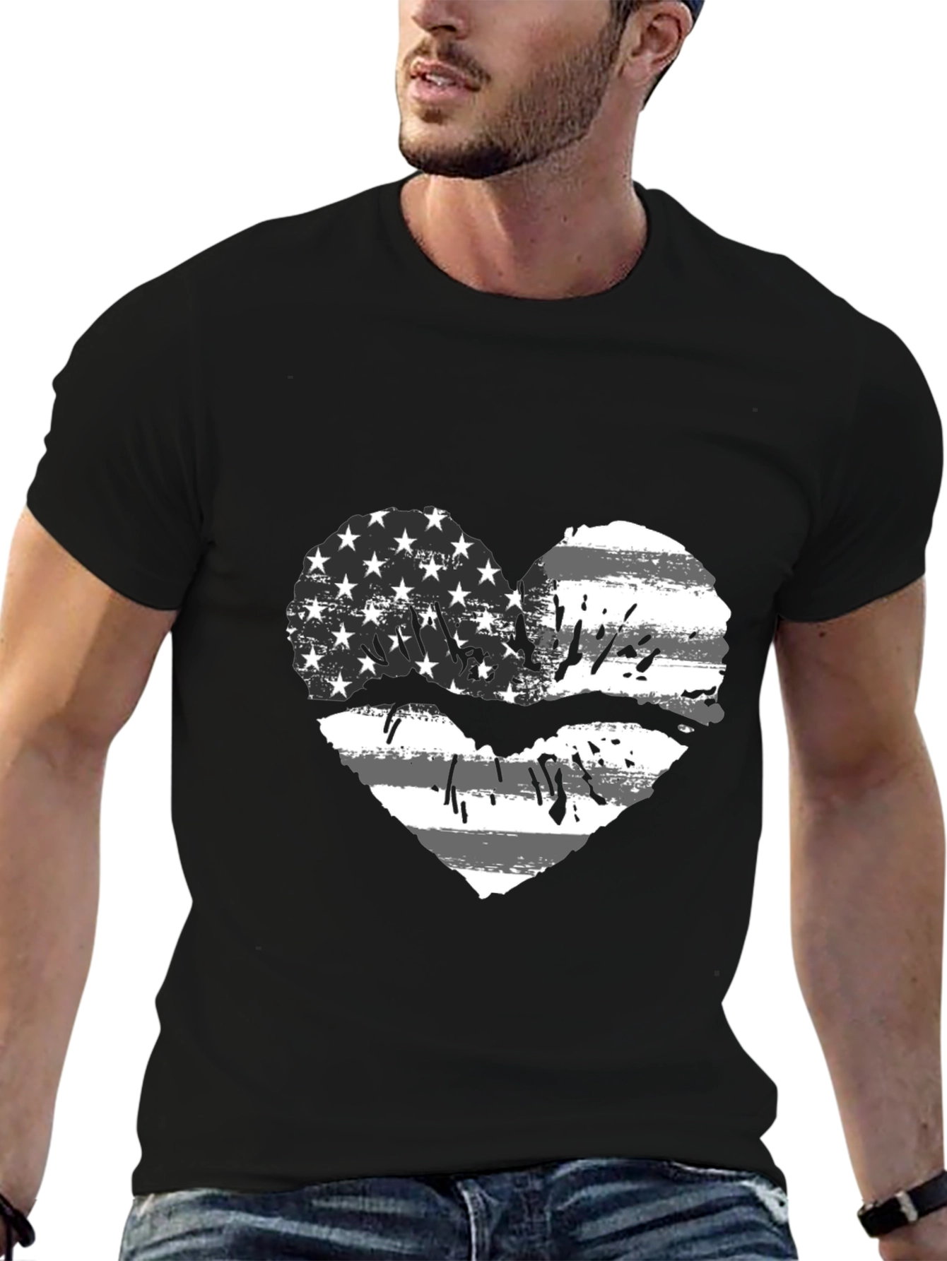 American Flag Heart Lips Black T-Shirt