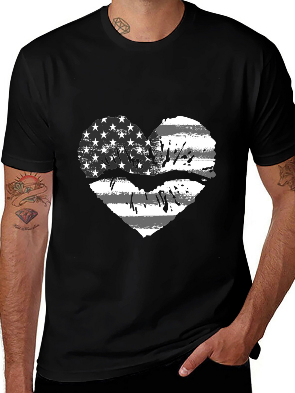 American Flag Heart Lips Black T-Shirt