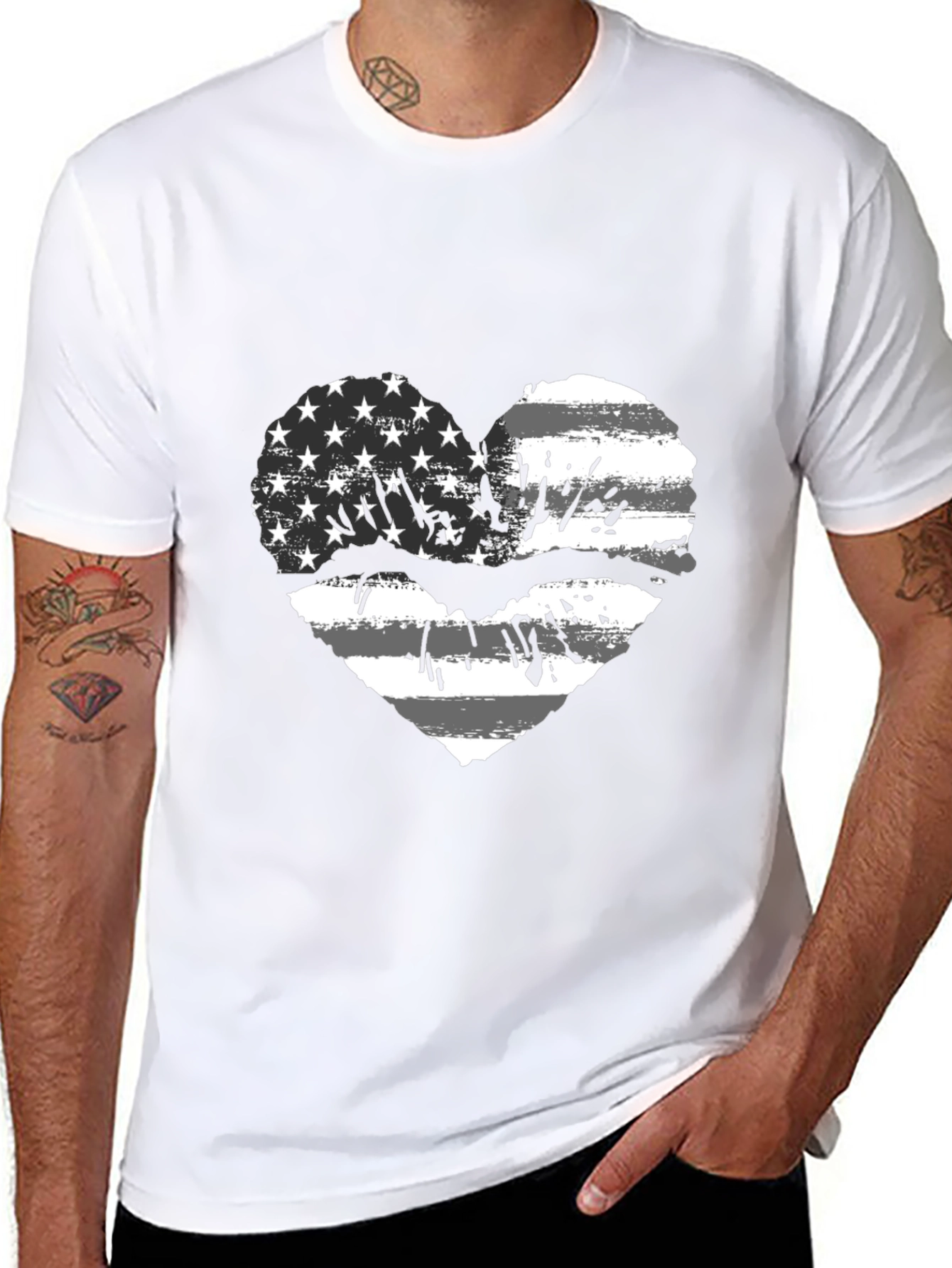 American Flag Heart Lips Black T-Shirt