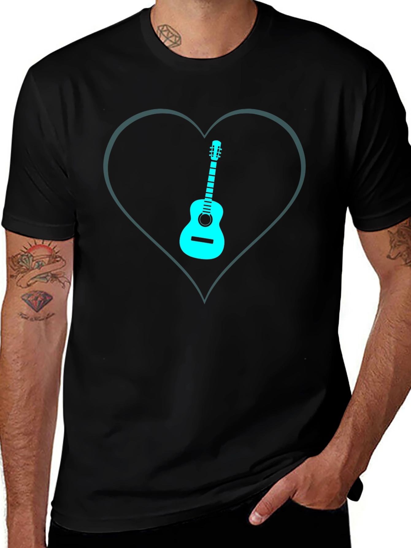 Guitar Heart Graphic Tee - Black Cotton T-Shirt