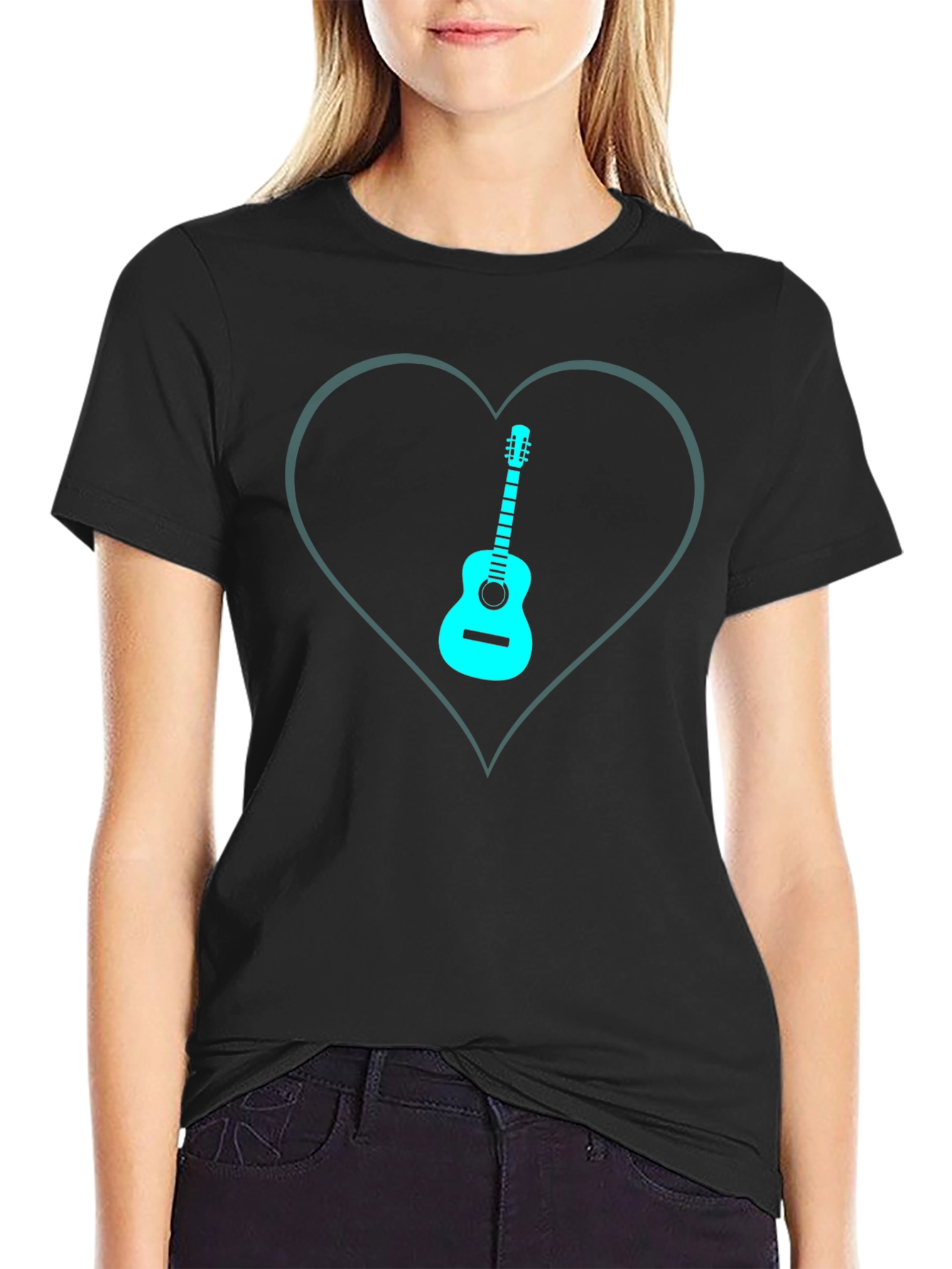 Guitar Heart Graphic Tee - Black Cotton T-Shirt