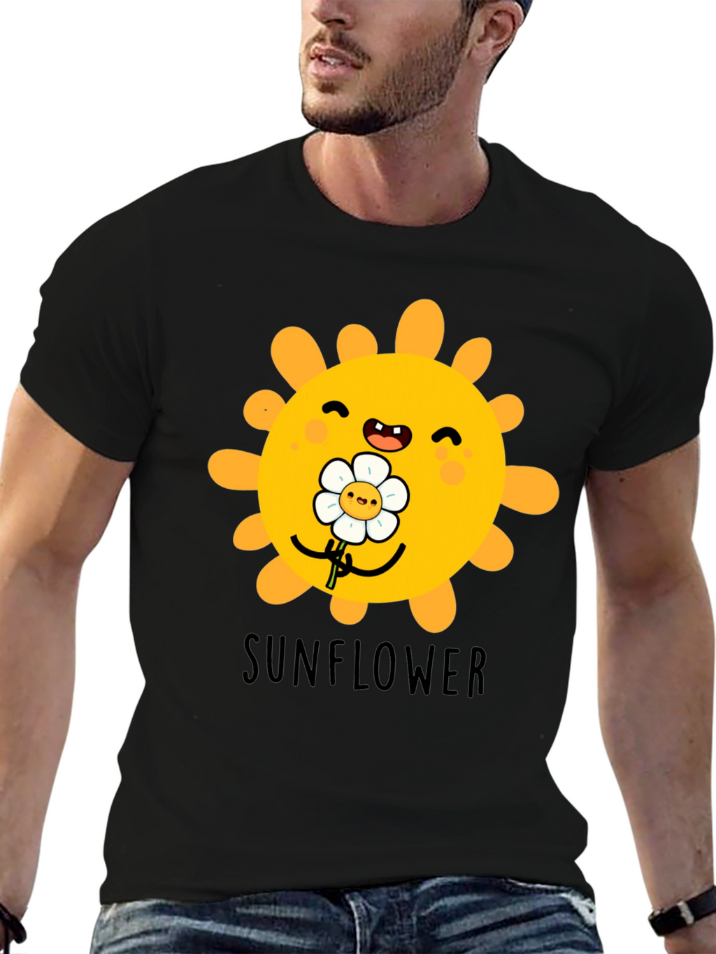 Cute Sunflower Graphic T-Shirt - Black