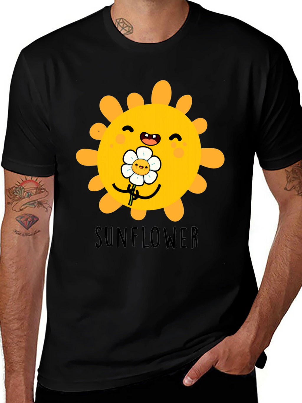 Cute Sunflower Graphic T-Shirt - Black