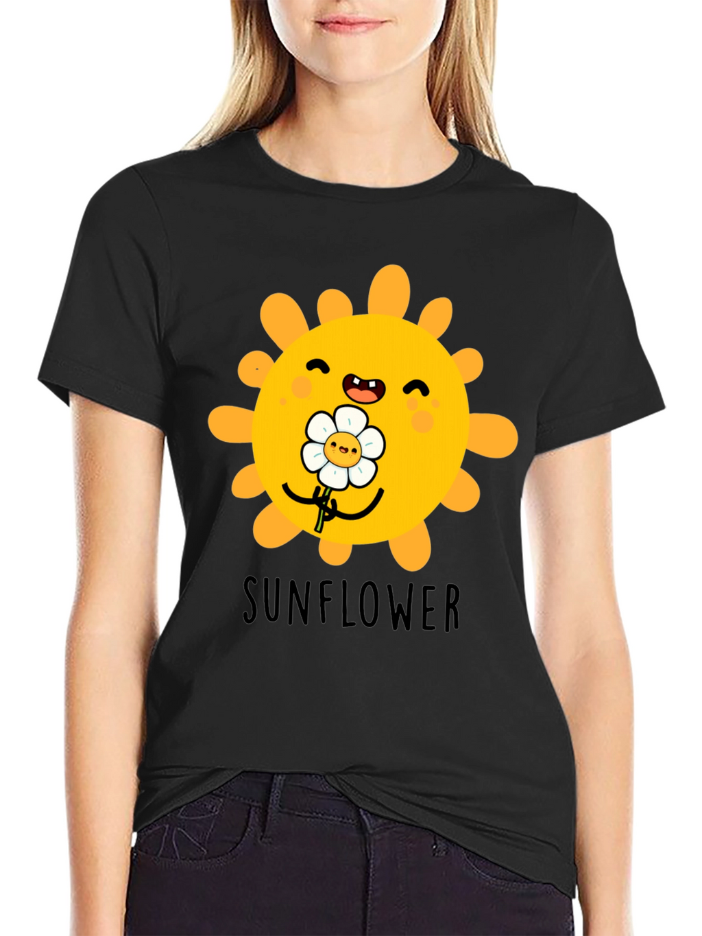 Cute Sunflower Graphic T-Shirt - Black