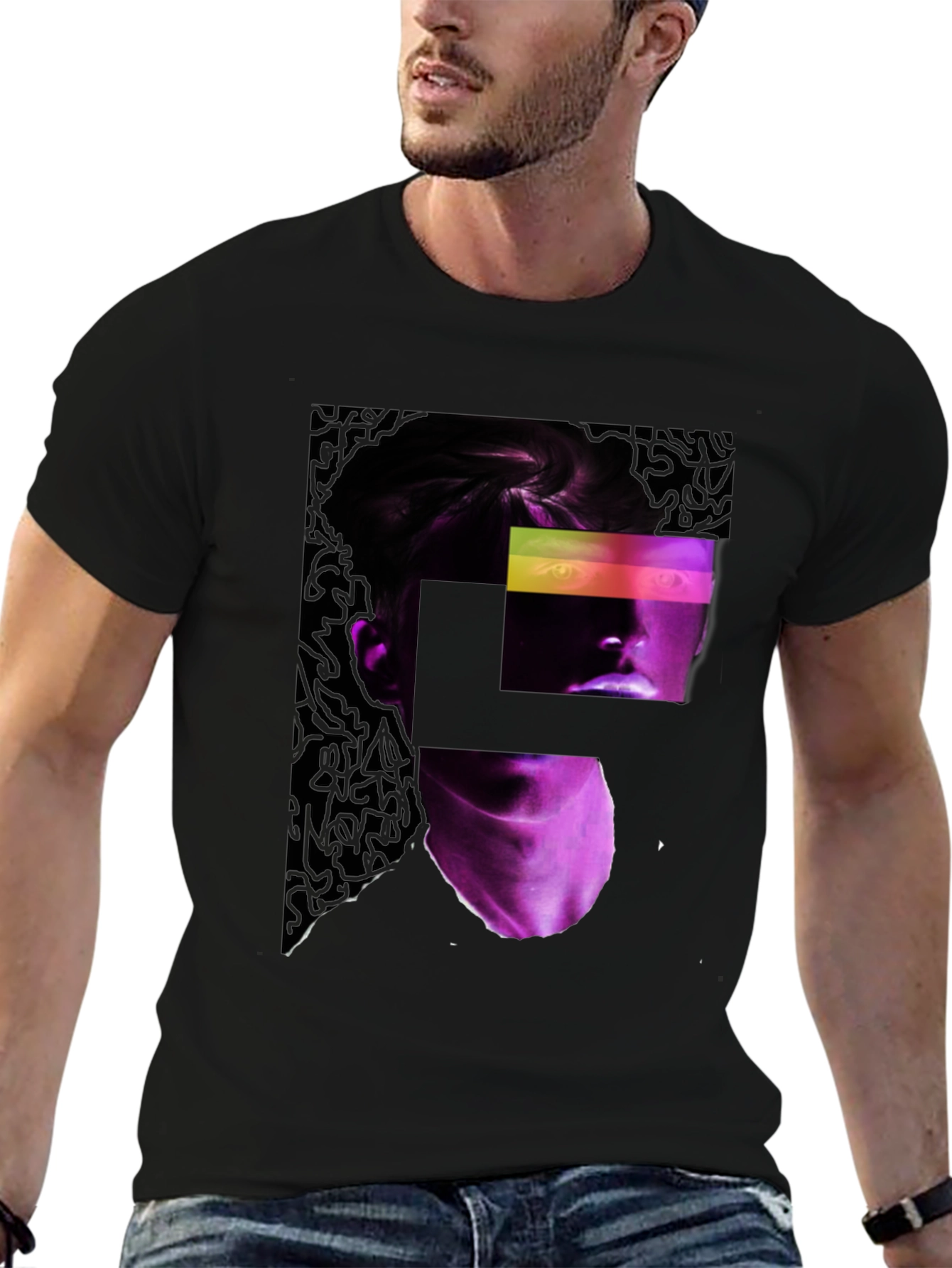 Abstract Neon Portrait Black T-Shirt