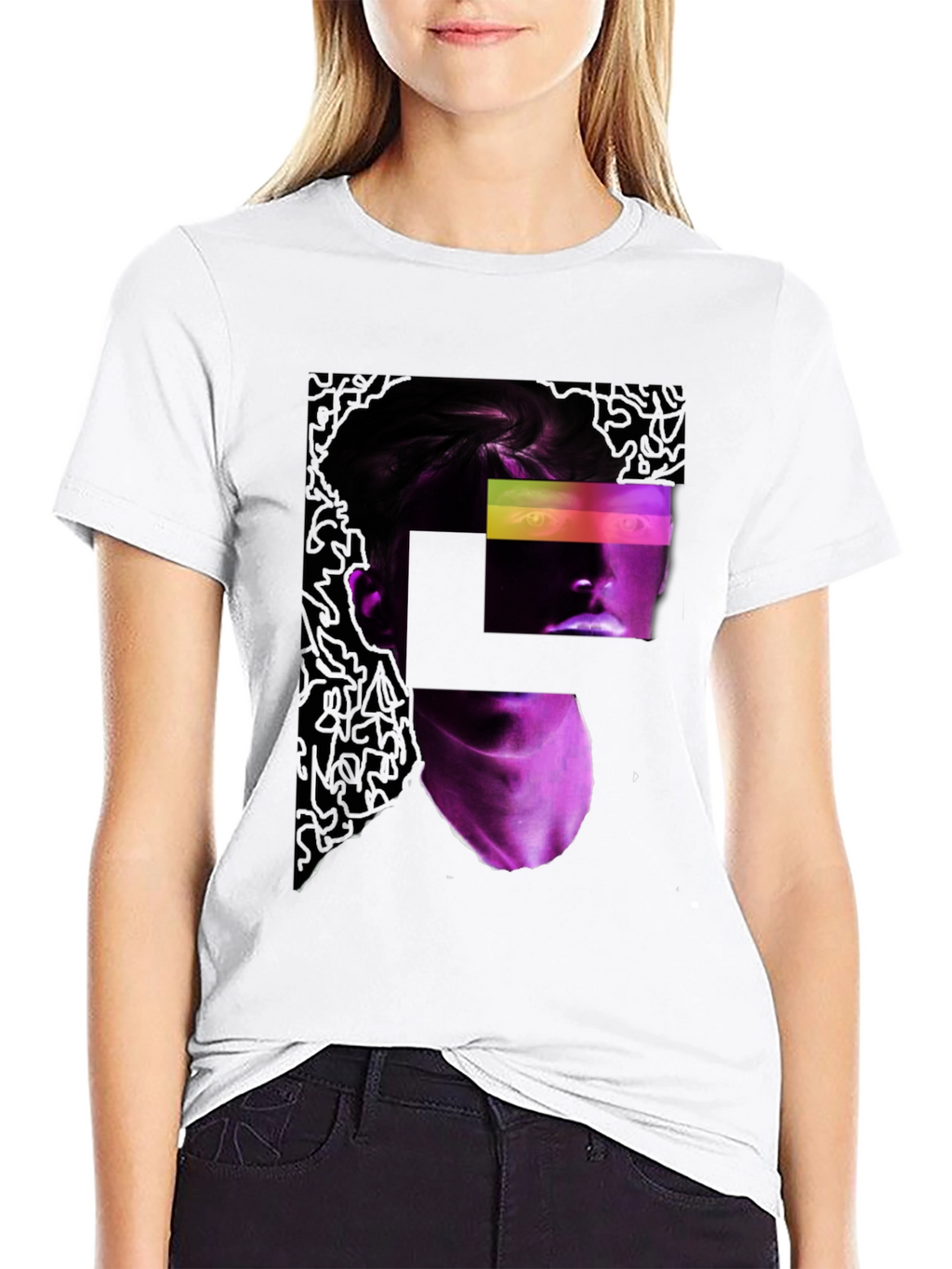 Abstract Neon Portrait Black T-Shirt