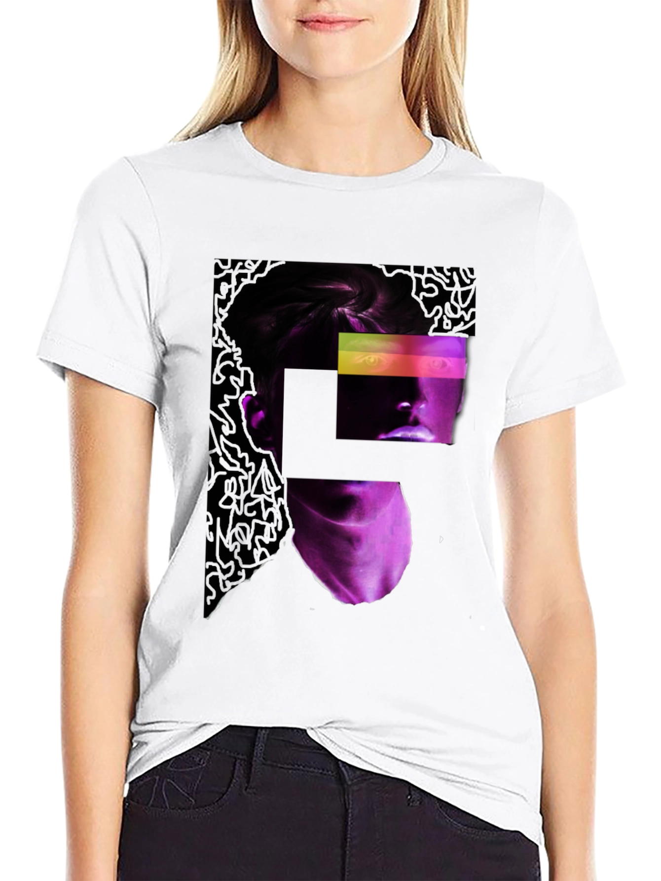 Abstract Neon Portrait Black T-Shirt