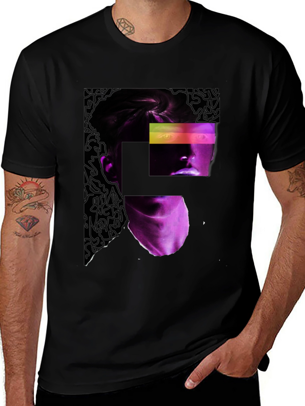 Abstract Neon Portrait Black T-Shirt