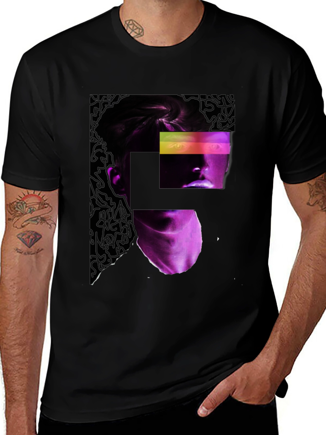 Abstract Neon Portrait Black T-Shirt