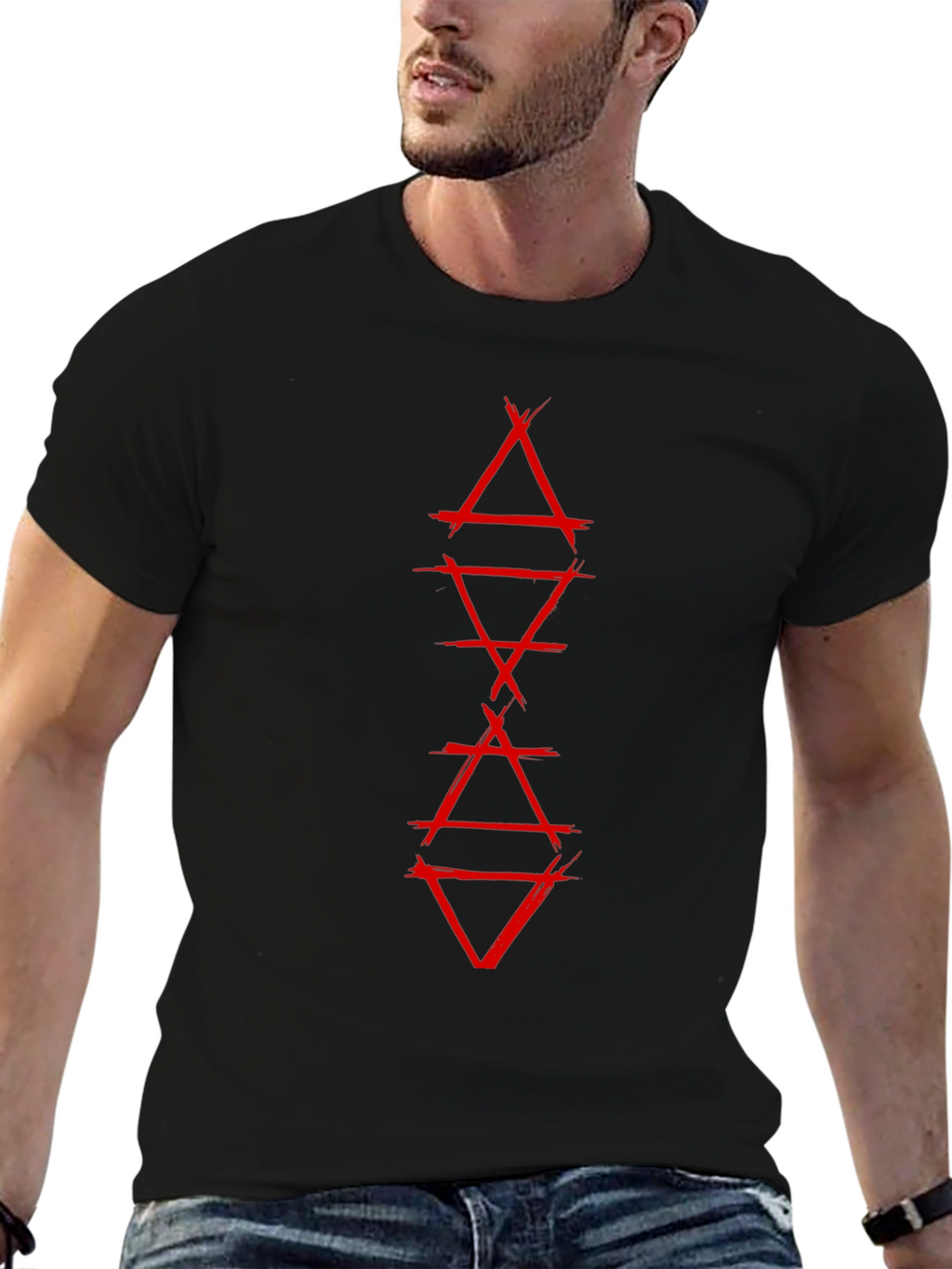 Geometric Red Graphic Print Black T-Shirt