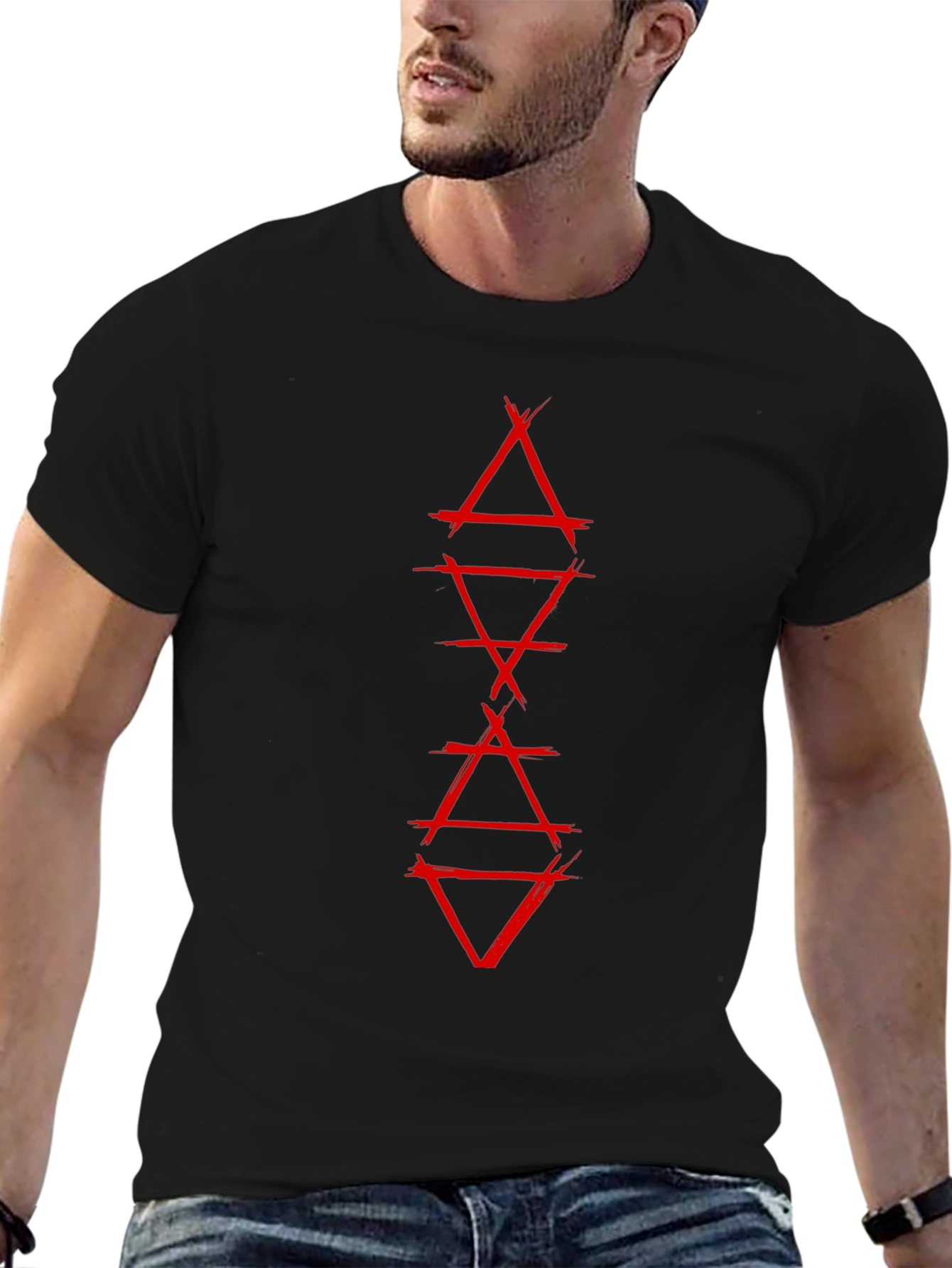 Geometric Red Graphic Print Black T-Shirt
