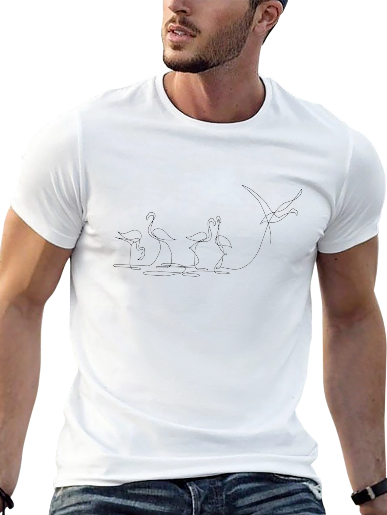 Mens Black Flamingo Line Art Graphic Tee