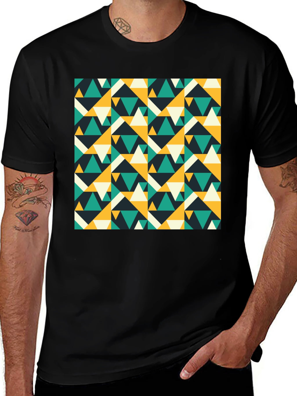 Geometric Triangle Pattern Black T-Shirt