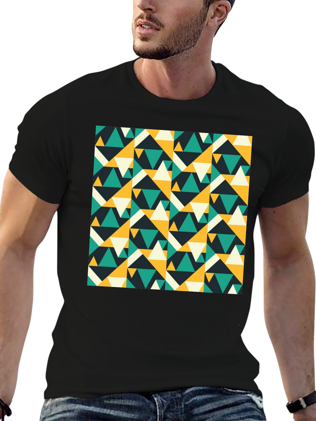 Geometric Triangle Pattern Black T-Shirt
