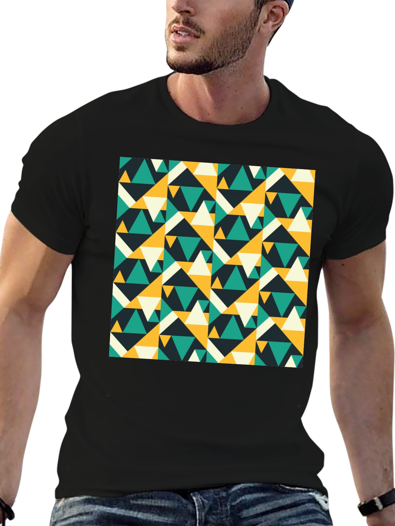 Geometric Triangle Pattern Black T-Shirt